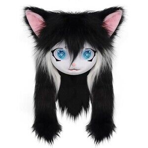 Animal Head Fox Cat Fursuit Cut Mask Halloween Masquerade Cosplay Black & White